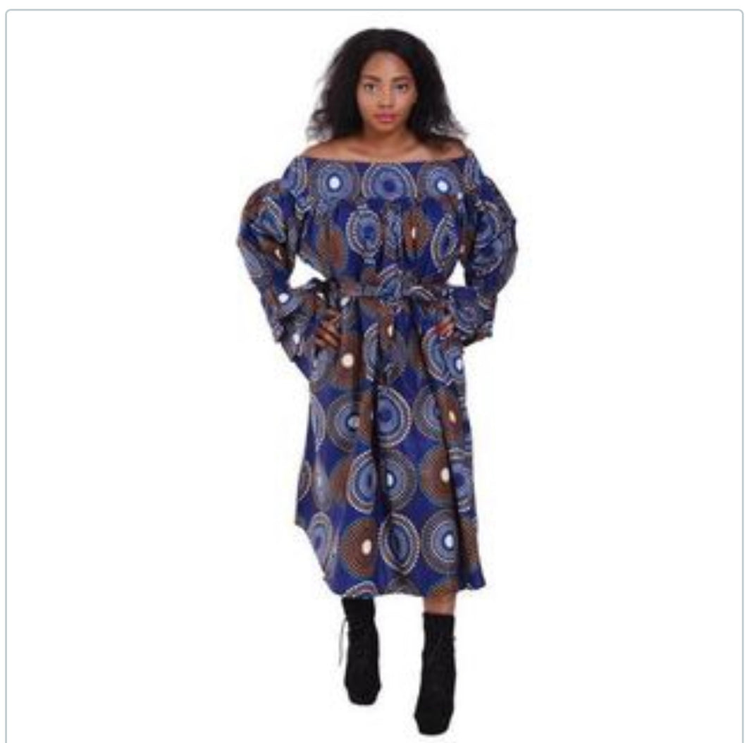 Off Shoulder Ruffle Sleeve African Print Dress