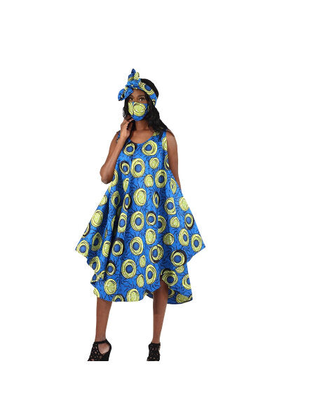 African Print Umbrella Dress/Mask Set